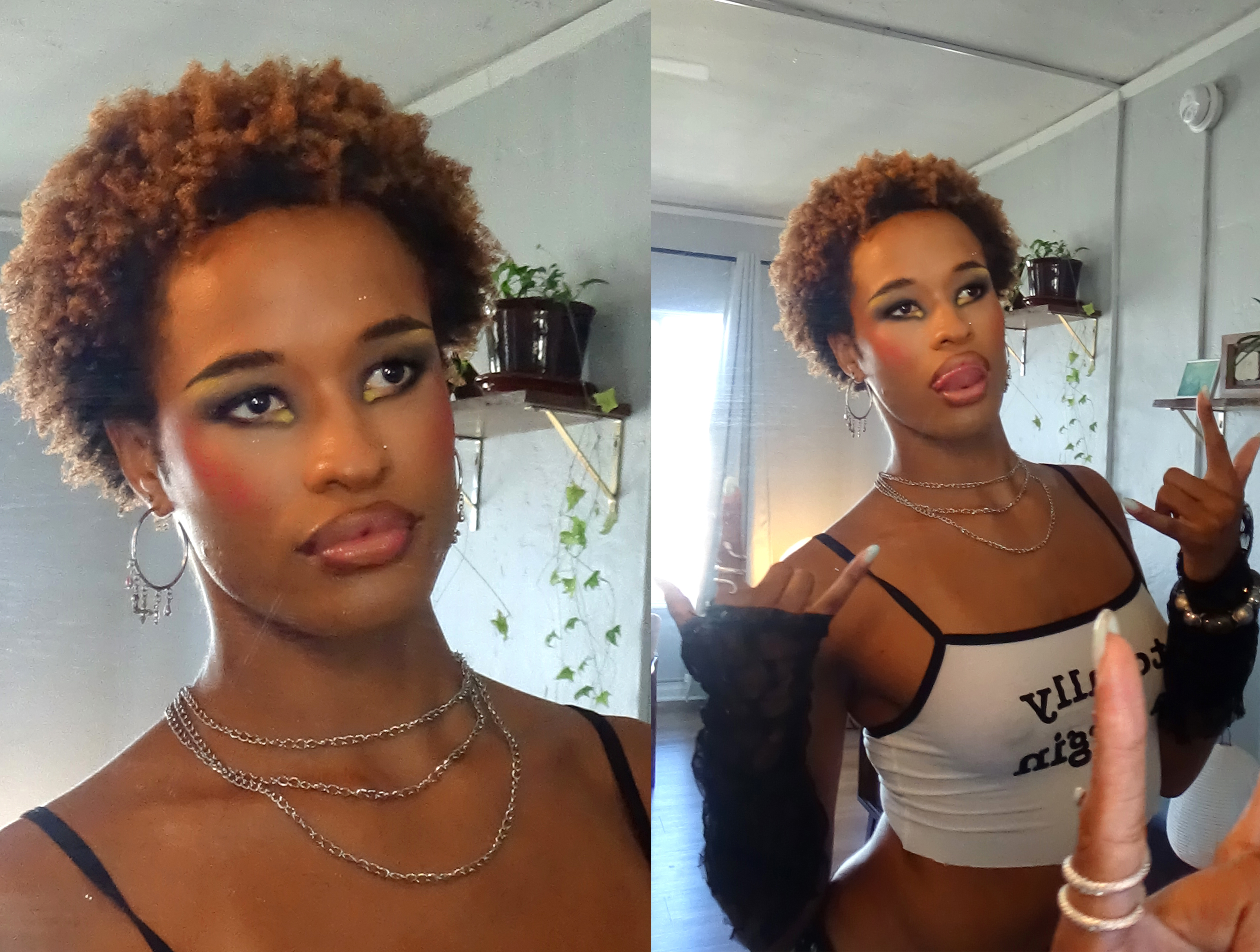 Close up portrait of Jules Crosby with edgy editorial makeup looking at herself in a dirty mirror